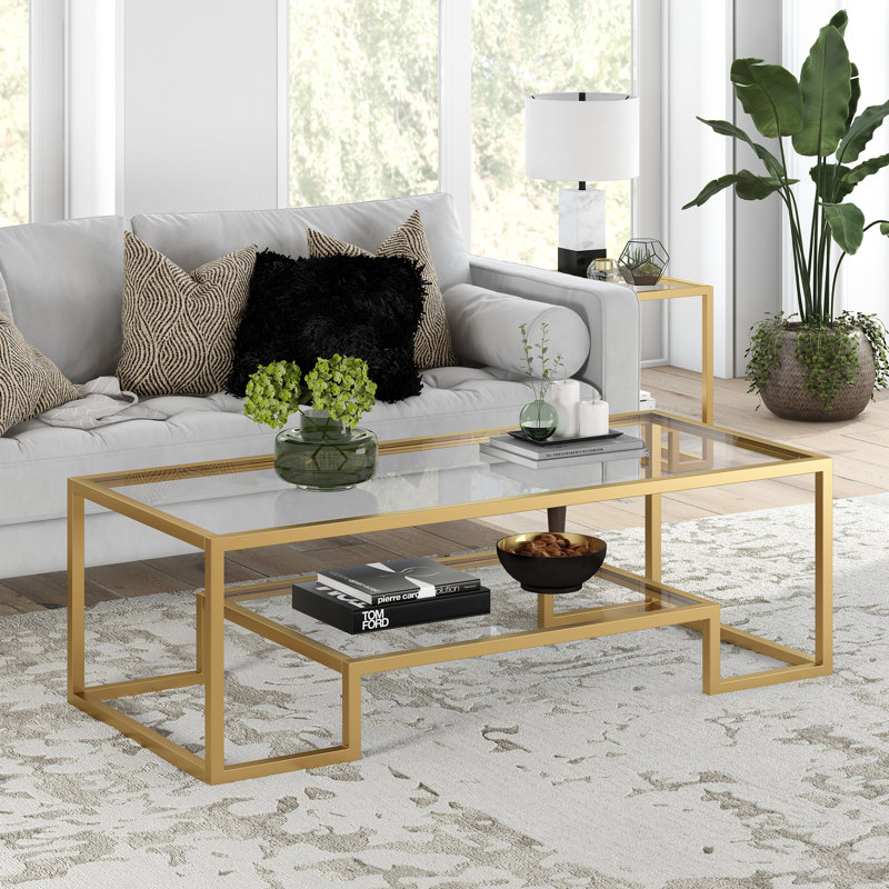 Frame Coffee Table with Storage, 43.18cm H x 137.16cm W x 60.96cm D, Brass
