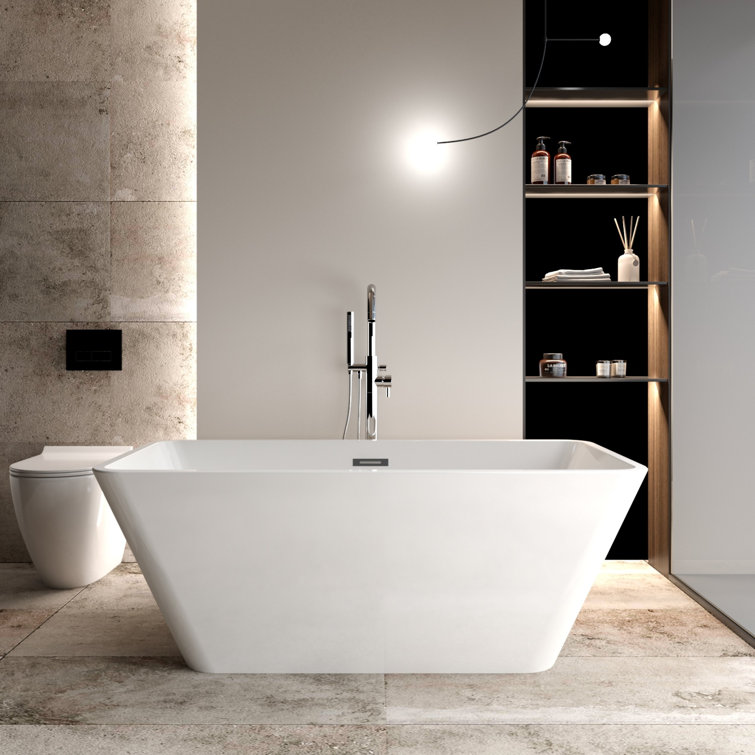 59" x 30" Freestanding Soaking Acrylic Bathtub Rectangular with Brushed Nickel Overflow and Pop-up Drain, Glossy White