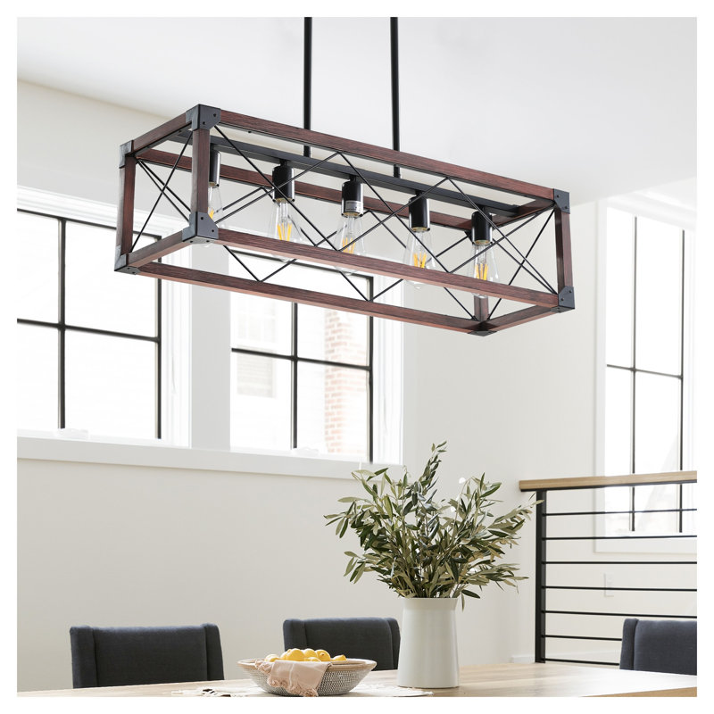 Luminaire suspendu rectangulaire en bois et fer noir industriel 32 po - lustre linéaire à 5 lumières pour salle à manger, îlot de cuisine et entrée