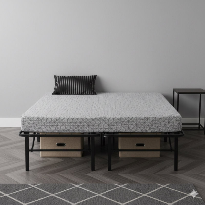 Queen-Sized Folding Metal Platform Bed Frame With 14-Inch Height, Serves As A Box Spring Replacement. Features Heavy-Duty Steel Slats For Easy Assembly And Allows For Under-Bed Storage, In Black.