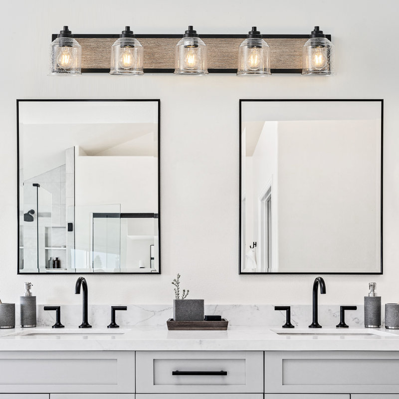 40" Vanity Fixture, 5- Bath Wall Sconce, Clear Glass Shades, Black & Wood Grain, Industrial Desire Bathroom , Sconce With And Vitality
