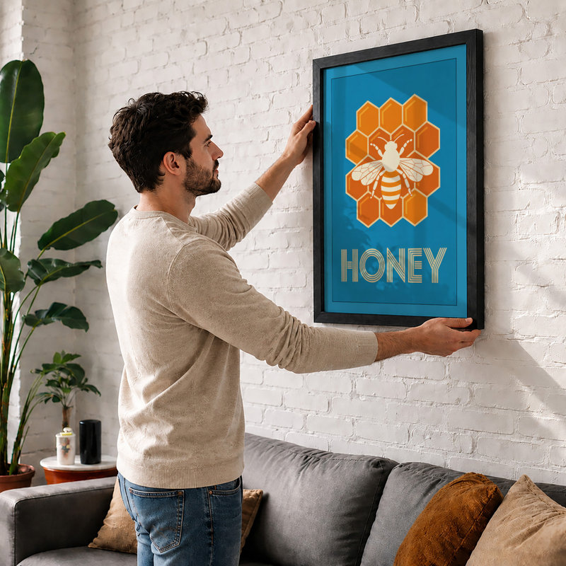 Honeybee with Honeycomb Retro - Framed Print, Unframed, A4 - 29.7 x 21.0 cm