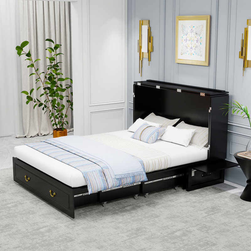 Grand lit escamotable noir avec matelas pliable