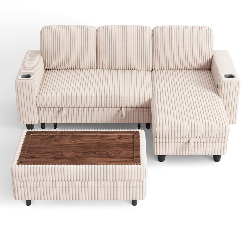 Sherry 81'' Upholstered Modular Sleeper Sectionals with Ottoman, Storage Chaise, USB Charging & Cup Holders