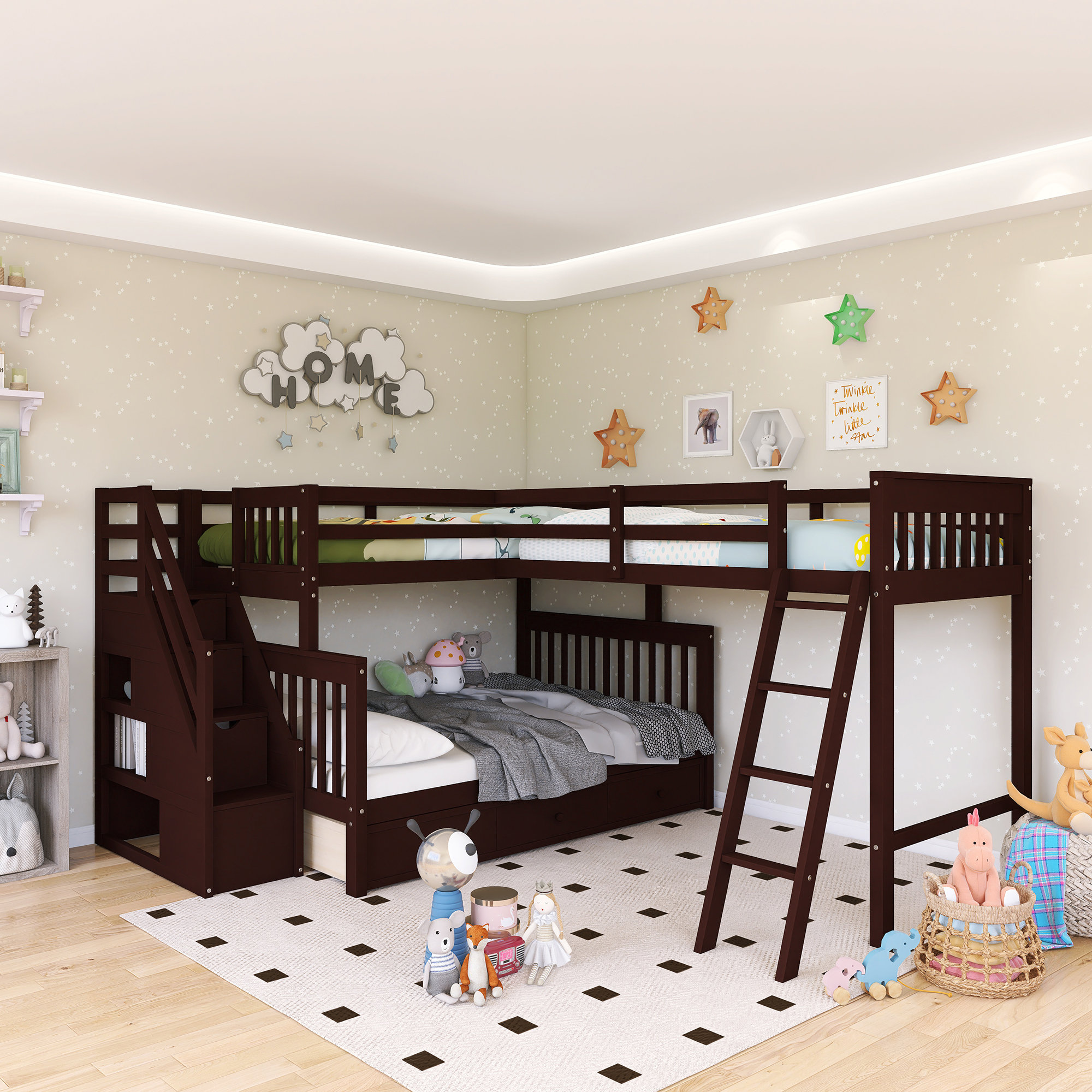 Harriet Bee Wood Frame Twin Over Full Size L-Shaped Bunk Bed With 3 ...