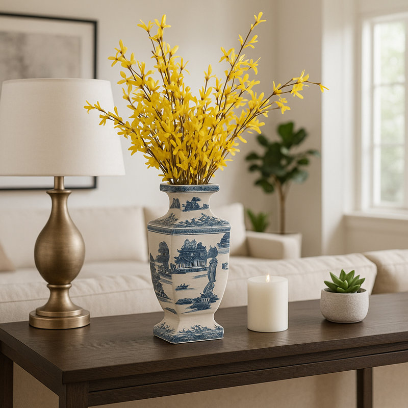 Elegant Tall Ceramic Chinoiserie Vase for Home Decor - Decorative Table Flower Vase Accent for Shelves, Console Table and Entryway Styling