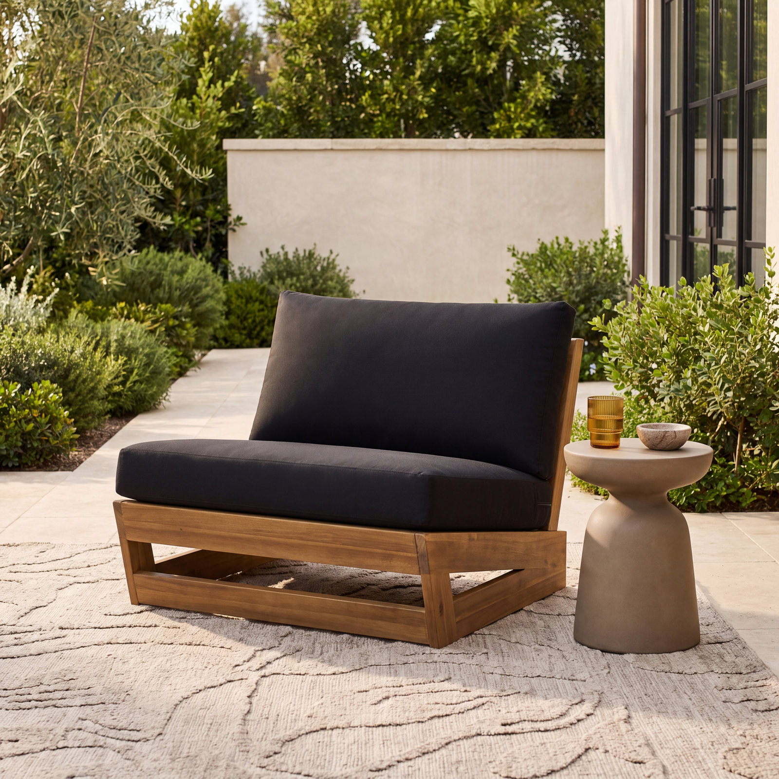 Acacia Patio Lounge Chair, Black Cushion/Brown Frame
