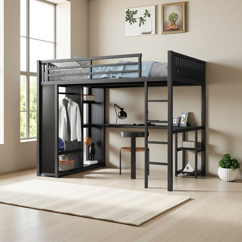 Structure de lit mezzanine avec garde-robe intégrée, lit mezzanine en métal avec bureau et tablettes de rangement, Double XL