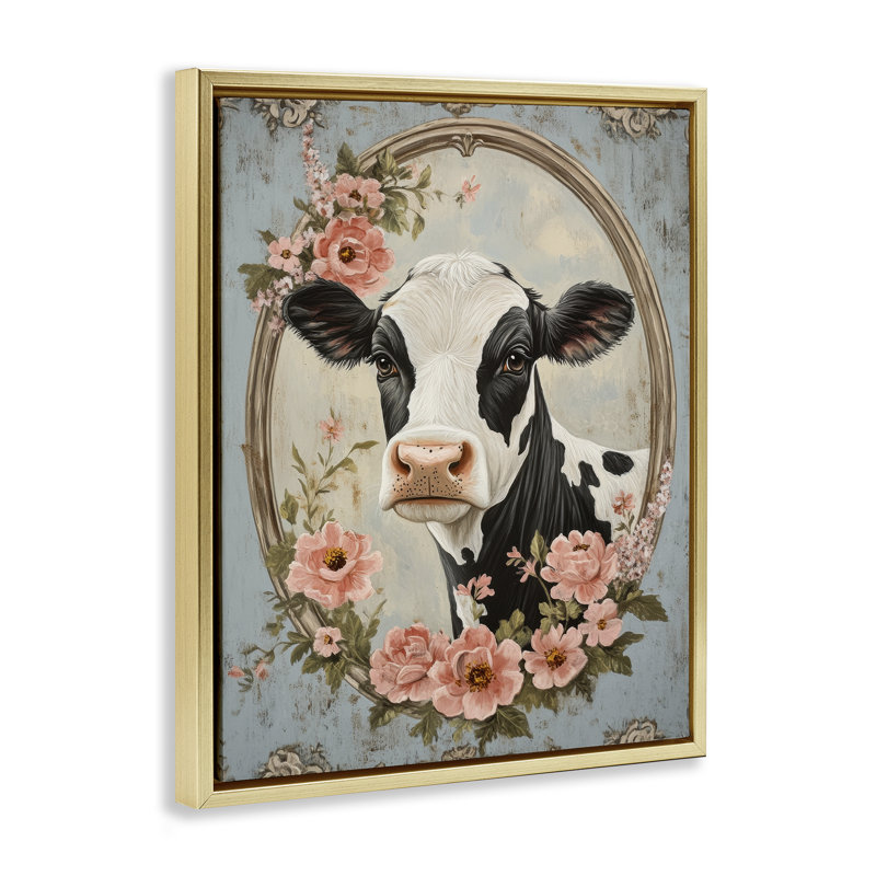 Cadre flottant portrait de vache Peachy Pivoines, design par Petal Prints Design, H 31 po x l 25 po