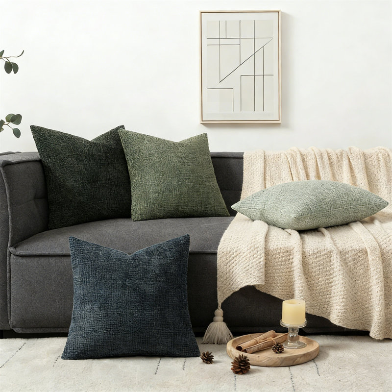Set Of 4 20X20 Inch Green Chenille Throw Pillow Covers, Farmhouse Boho Accent For Sofa Or Bedroom, Neutral Green