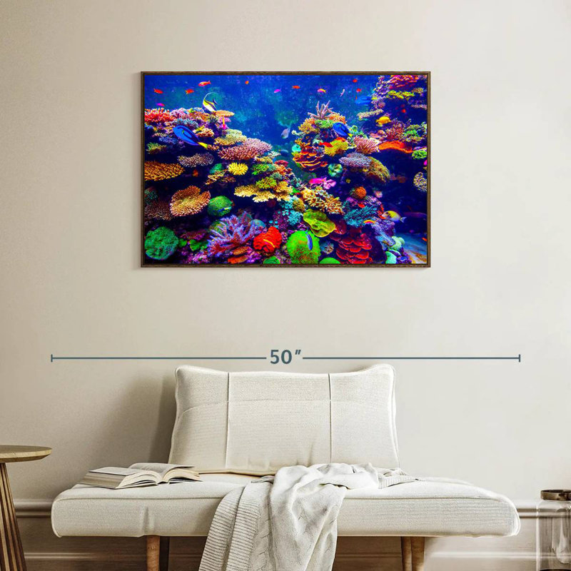 Paysage vibrant sous l'eau, 37 po x 25 po, Cadre flottant noyer