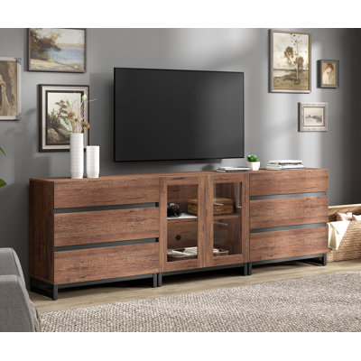 Meuble télé 3 en 1 pour téléviseur de 100 po ou moins, console de télévision moderne avec portes en verre et 6 tiroirs, centre de divertissement avec tablette réglable pour le salon et la chambre à coucher