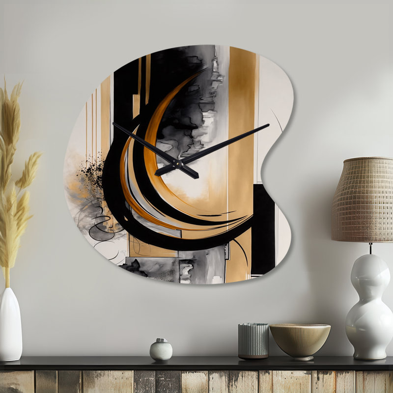 Or tactile Art déco II - horloge murale asymétrique abstraite en métal, impression d'horloge en métal de forme unique noire