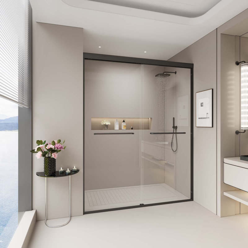 Double Sliding Shower Door,Semi-Frameless Bypass Bathroom Sliding Door With Tempered Glass For Walk-In Shower, Black