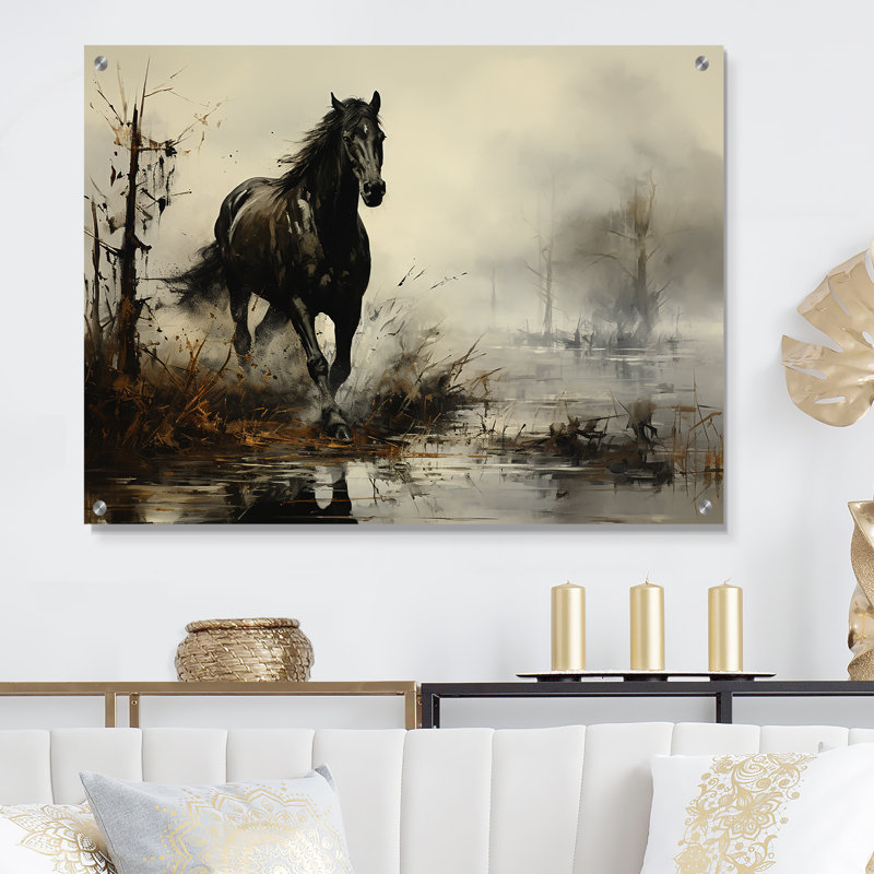 «Gray Horse Misty Morning Canter II», art mural cheval en acrylique, H 24 po x l 32 po