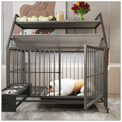 Grande cage pour animaux de compagnie avec rangement, cuves en acier inoxydable, support en fer double couche et panneau de fibres à densité moyenne, robuste et pratique (noir + gris fumée)