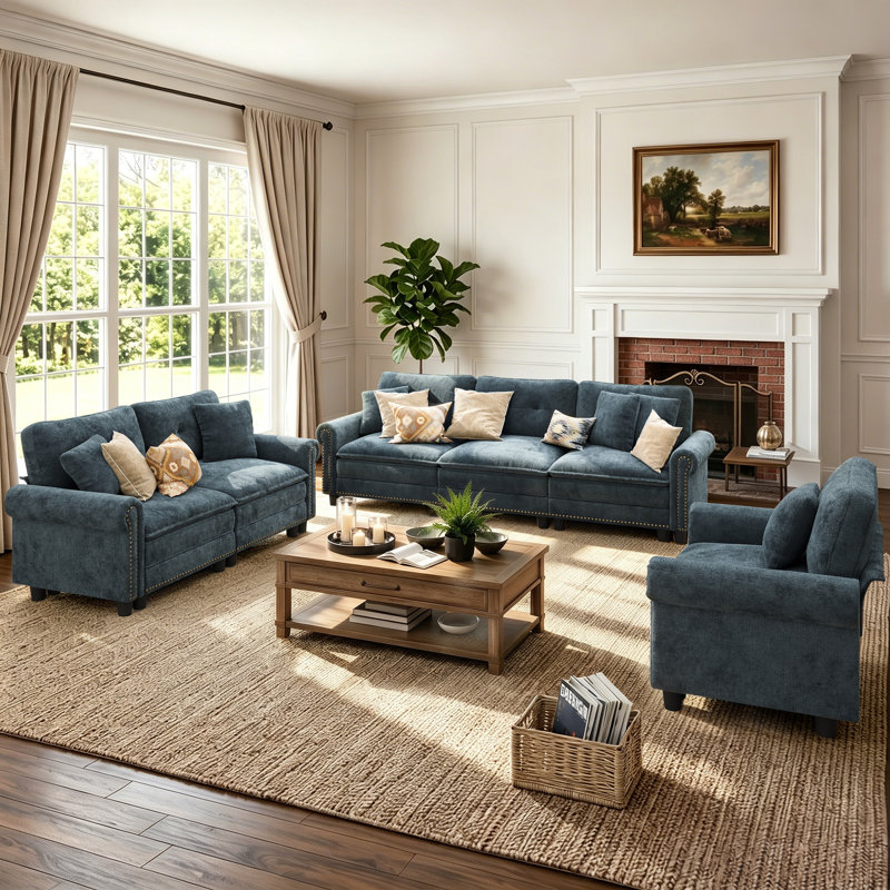 Ensemble de canapé modulaire rembourré 3 pièces avec garniture cloutée, ensemble de canapé surdimensionné avec canapé, causeuse et fauteuil