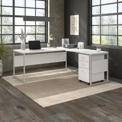Hybrid L-Shaped Computer Desk Office Set in White - Reversible