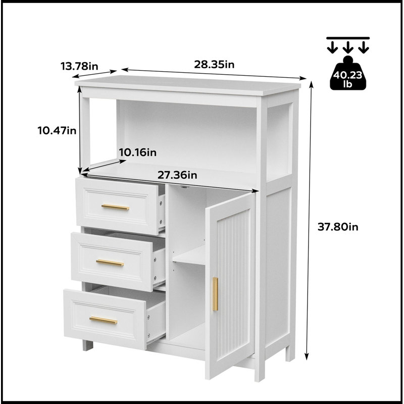 Armoire de rangement avec tablette ouverte et 3 tiroirs, White