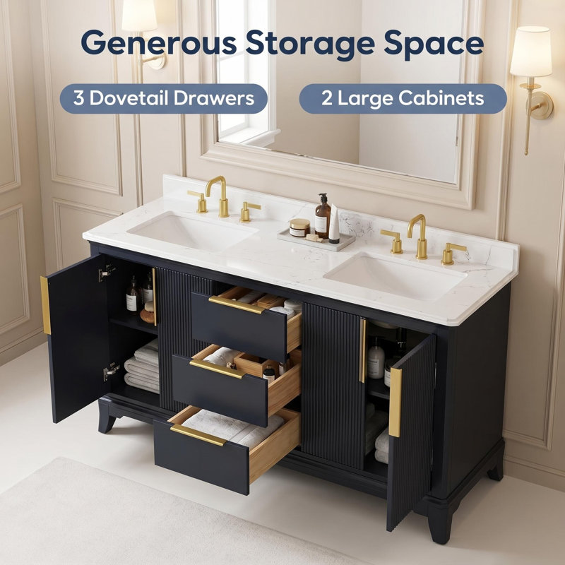  60" Black Double Sink Bathroom Vanity with White Engineered Stone Top
