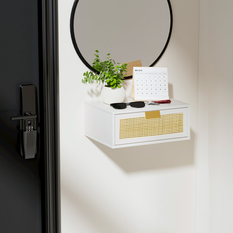 Floating Nightstand with Rattan Weaving Drawer, Wall Mounted(White), White