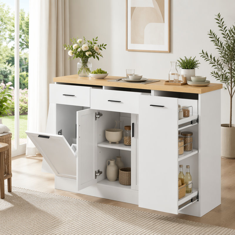 Multi-Functional Storage Sideboard,Kitchen Island Table, White