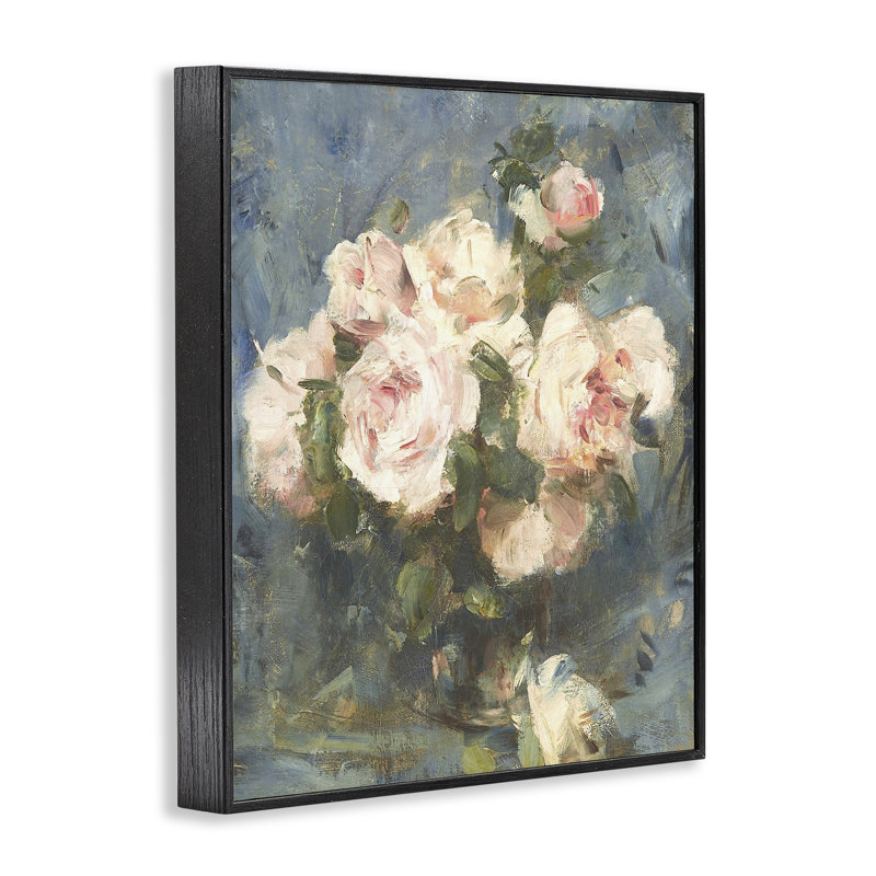 Estampe numérique rétro sur fond bleu avec roses roses, design par Leah Straatsma, H 14 po x l 11 po
