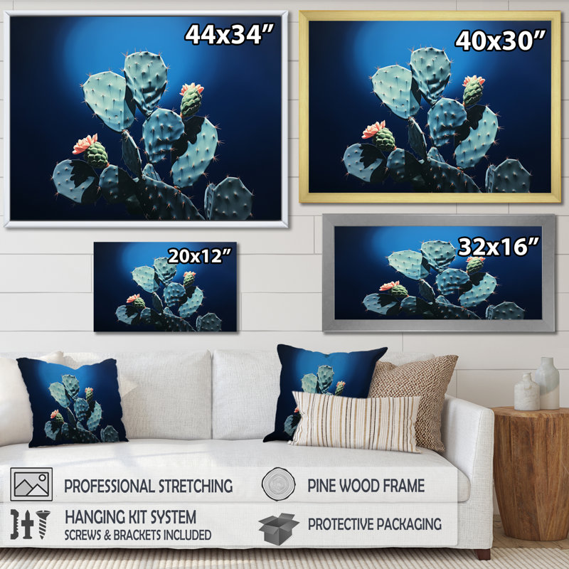 Cactus saphir solitude I sur toile, Cadre flottant noir, H 34 po x l 44 po x P 1,5 po