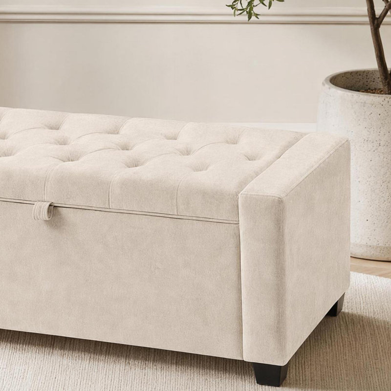 Banc de rangement, banc de bout de lit, banc ottoman rembourré avec charnière de sécurité, Beige, Beige