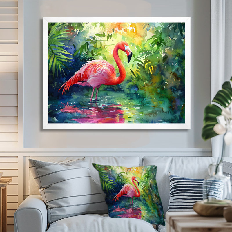 Flamant rose dans la lagune II - flamant rose, art mural, H 24 po x l 32 po, Cadre flottant, Blanc