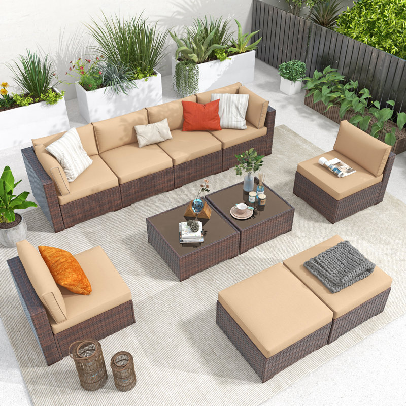 Wicker 8 - Person Modular Patio Conversation Set with Cushions, Brown Frame/Beige Cushion