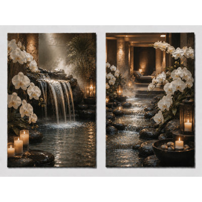 Extra-Large Set of 2 Luxury Spa Waterfall Canvas Wall Art White Orchid Floral Prints Relaxing Bathroom Bedroom Wellness Decor 24x36 Inch Canvas Print - Ready to hang