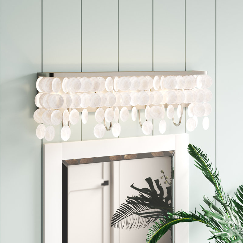 Luminaire de salle de bain en nickel satiné à 4 lumières de 28 pouces de large Icare, abat-jour en nacre Capiz, à intensité variable, compatible avec DEL, applique murale en acier fixée au-dessus du miroir, plaque arrière complète