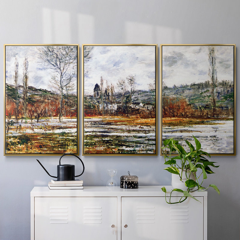 Vetheuil, Meadow sous l'eau, 1881 - Toile encadrée multi-pièces, H 24 po x l 48 po x P 2 po, Or