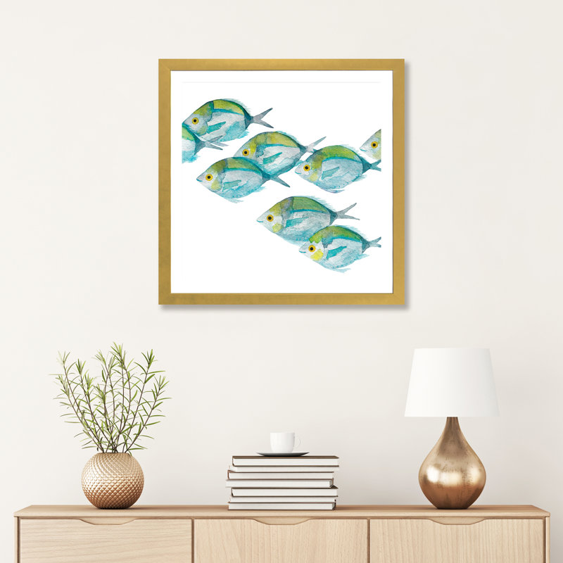 Poissons - Imprimé, H 24 po x l 24 po x p 1 po, Papier encadré doré, Blanc