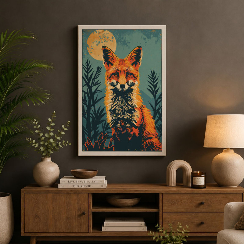 Fox Beneath the Moon Boho - Wrapped Canvas, 18x12 - 45.7 x 30.5 cm, Teal Border