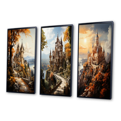 «Castles Majestic Fortress Golden», 3 pièces sur toile