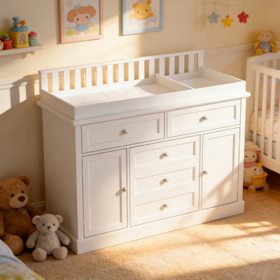 White Kid Dresser With Changing Table , 3 Drawers & 2 Cabinets