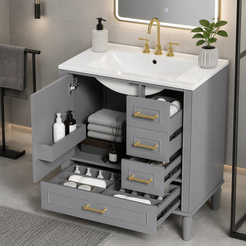 Meuble-lavabo de salle de bain avec lavabo en céramique, porte à fermeture en douceur avec tablette intégrée, tiroir profond, tiroir standard, grand tiroir diviseur, grande armoire de rangement
