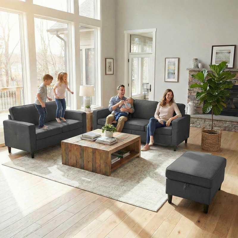 6 Seater Corduroy Sofa, Dark Grey