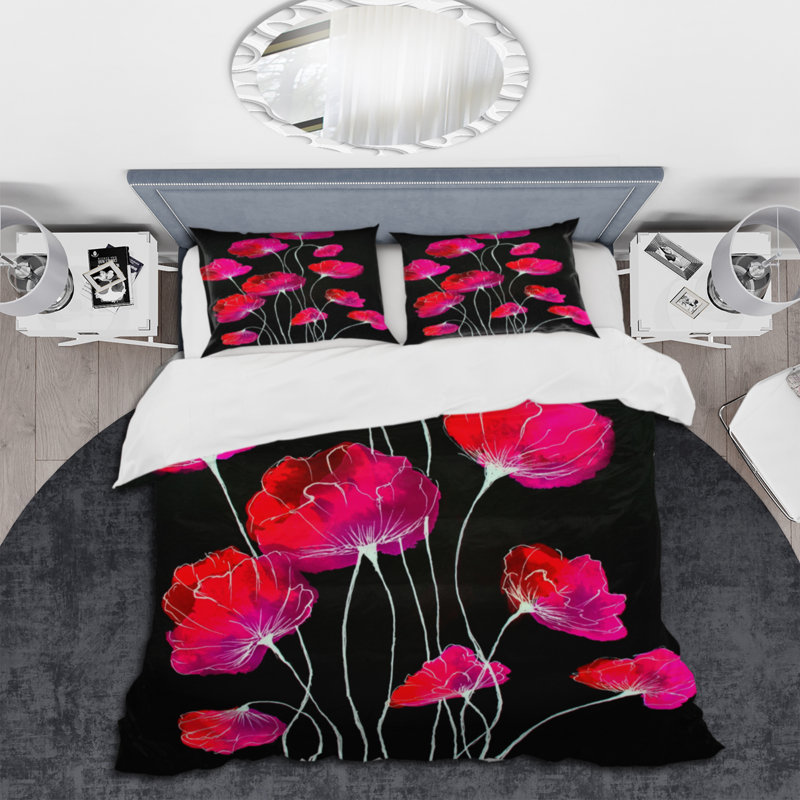 Abstrait fleur rouge sur fond noir III - ensemble de housse de couette traditionnel - microfibre de polyester