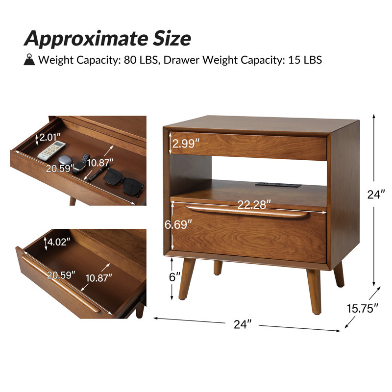 Nawaal Mid-Century Modern 2-Drawer Nightstand with Charging Station and Pull-Out Tray (Set of 2), Acorn