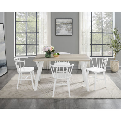 Ensemble de salle à manger 5 pièces en bois blanc et naturel avec table Windsor et 4 chaises Windsor