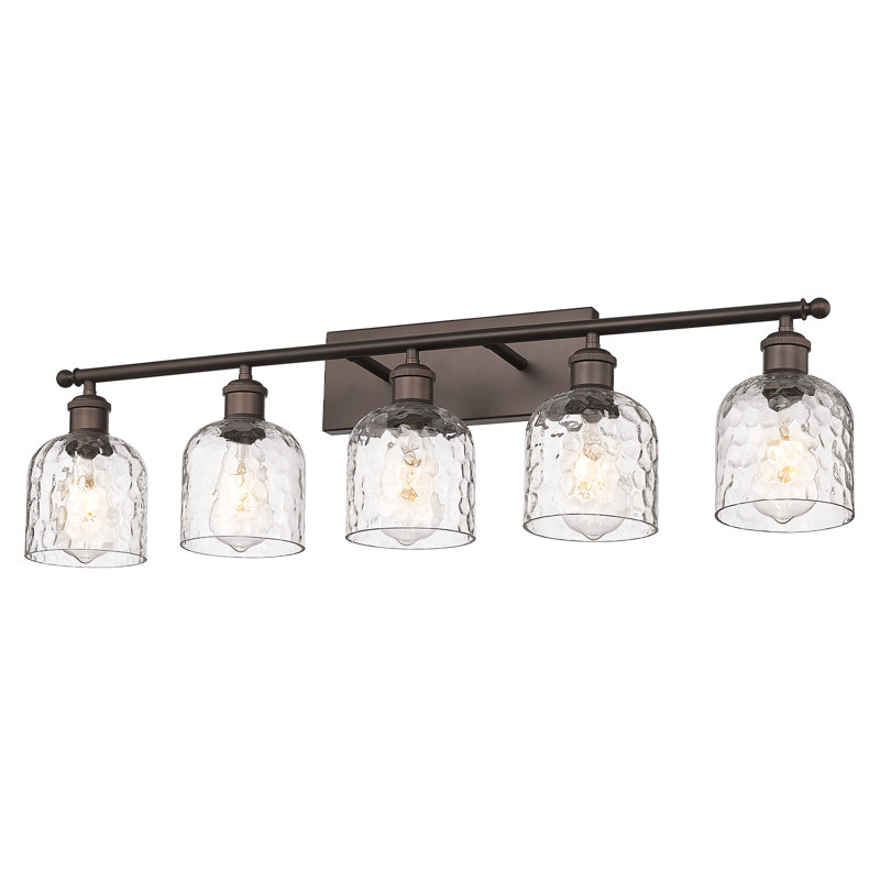 Éclairage pour salle de bain à 5 lumières à intensité variable, abat-jour en verre martelé, finition bronze huilé