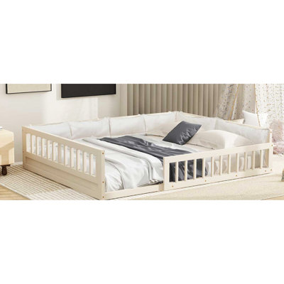 Upholstered Platform Bed In Beige With Guardrail And Snug Pillow - Strong Structure Solid Wood Easy To Assemble