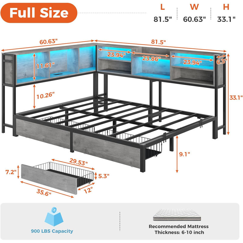 Corner Bed Frame With Storage Bookcase And Led Lights, Daybed With 2 Underneath Storage Drawers And Charging Station For Living Room,bedroom & Guest Room