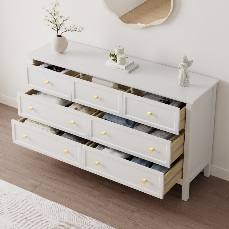 Commode moderne 7 tiroirs avec poignées dorées Dezmand Porter, Blanc
