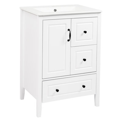 24" White Freestanding Vanity With Integrated Ceramic Sink, Soft - Closing Cabinet And Multiple Drawers, Retro Design Theme Bathroom Close Storage Open Back For Simple Plumbing Connection