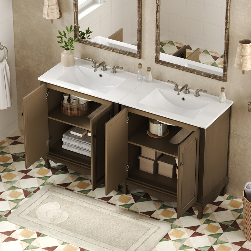 Ensemble de meuble-lavabo double 60 po avec tablettes réglables et charnières à fermeture en douceur 60 po, Brun antique