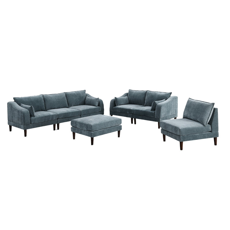 Contemporary 6Pcs Modular , Fabric, 4 One Arm Chairs, 1 Armless Chair, , Appealing Look 4X 1X Wood Leg, Gray Suede